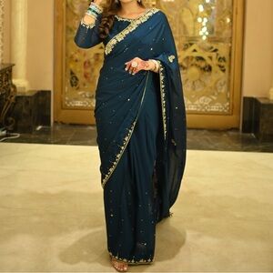 Elegant Blue Saree with Gold Embellishments